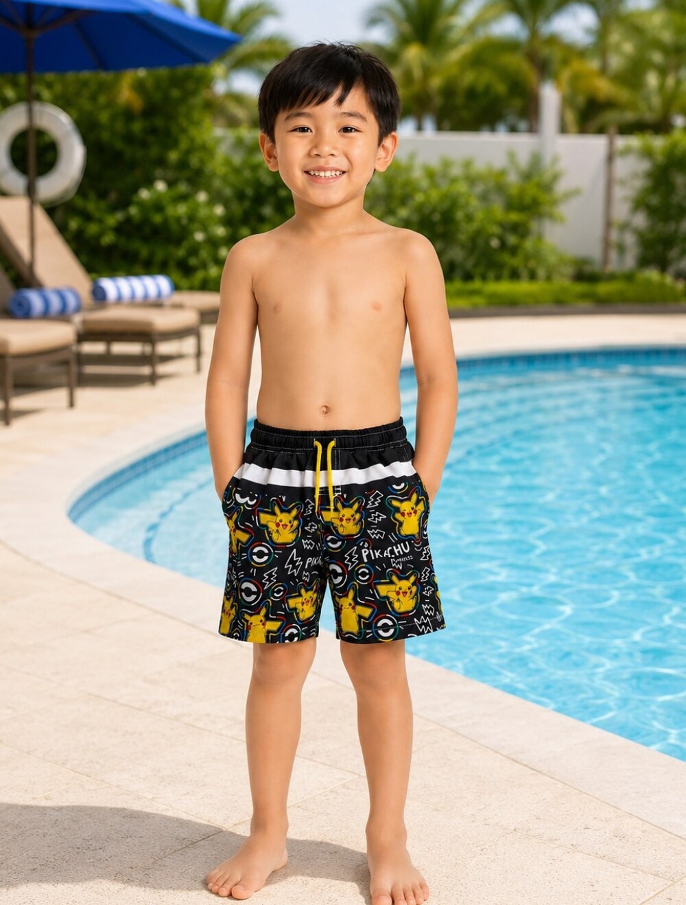 POKEMON Boys Black and Yellow Pikachu Swim Trunks SIZE 4-5 NWT